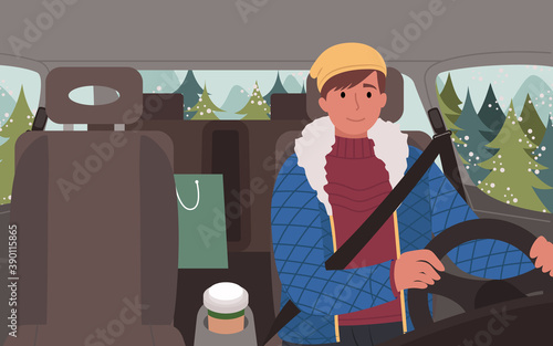 Winter road trip of young teenage boy driving car alone. Male character wearing warm clothes drinking coffee and transporting bought packages at backseat. Traveling teenager in cold season vector