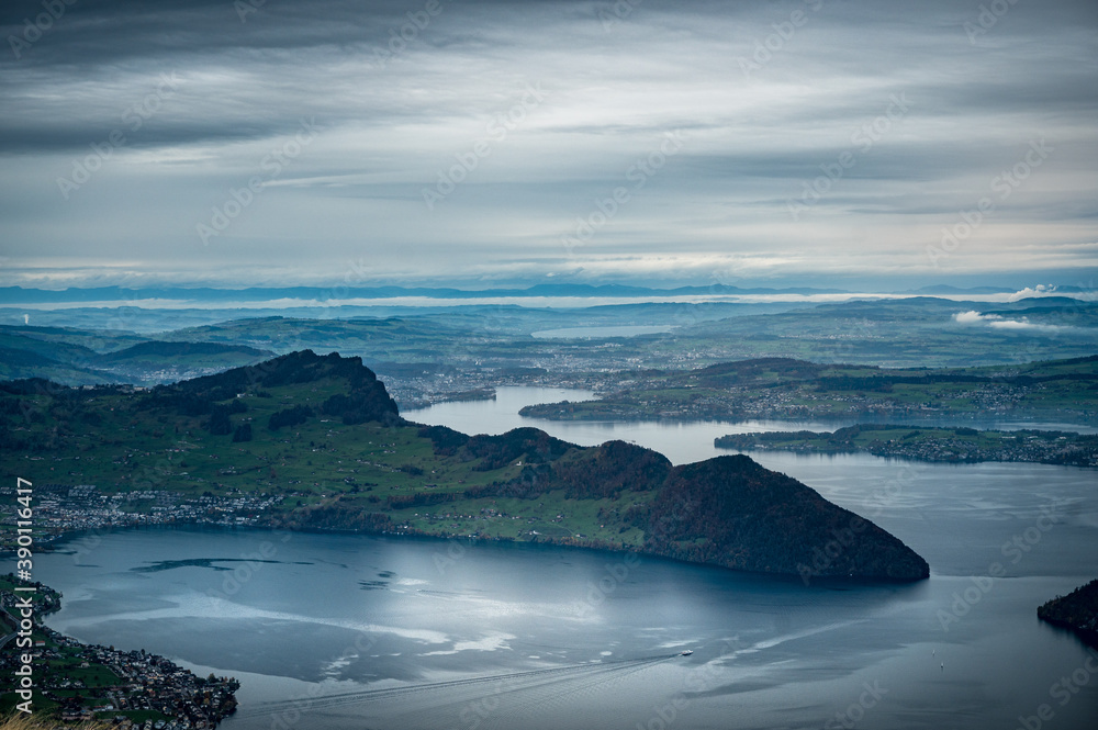 view from Niederbauen over Bürgenstock in direction of Lucerne on a rainy autumn day