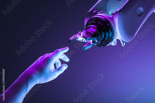 Photos Human Hand Stretched Towards Realistic Robotic Mechanical Arm