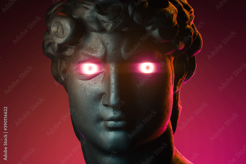 Head Bust Classical Sculpture With Red Neon Light In Eyes. 3d Rendering.