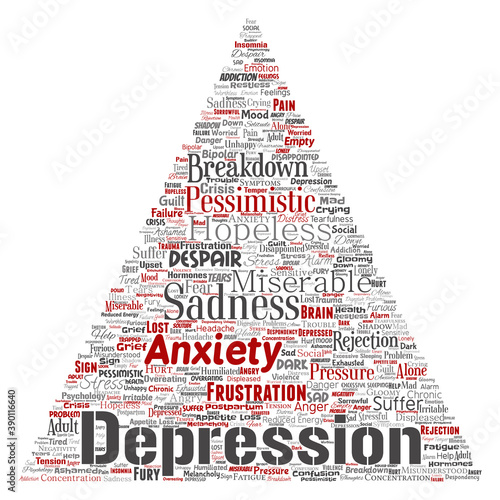 Vector conceptual depression or mental emotional disorder problem triangle arrow word cloud isolated background. Collage of anxiety sadness, negative sad, despair, unhappy, frustration symptom