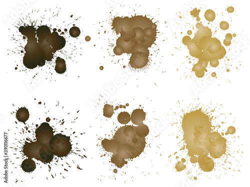 Vector collection of artistic grungy paint drop, hand made creative splash or splatter stroke set isolated white background. Abstract grunge dirty coffee stain group or graphic art vintage decoration