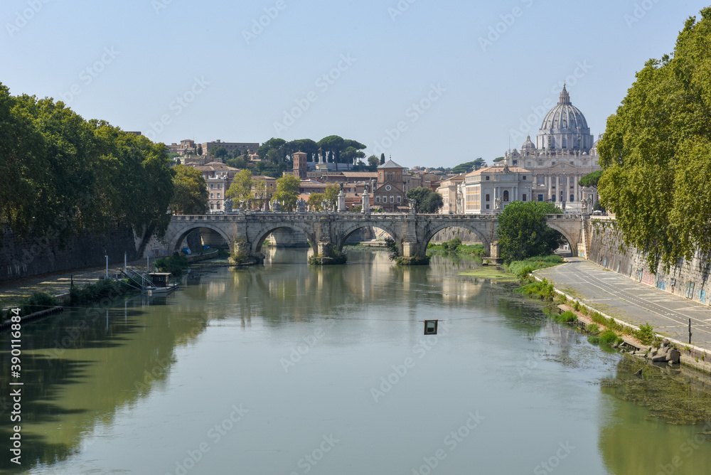 View at river Tevere on the old center of Rome, Italy