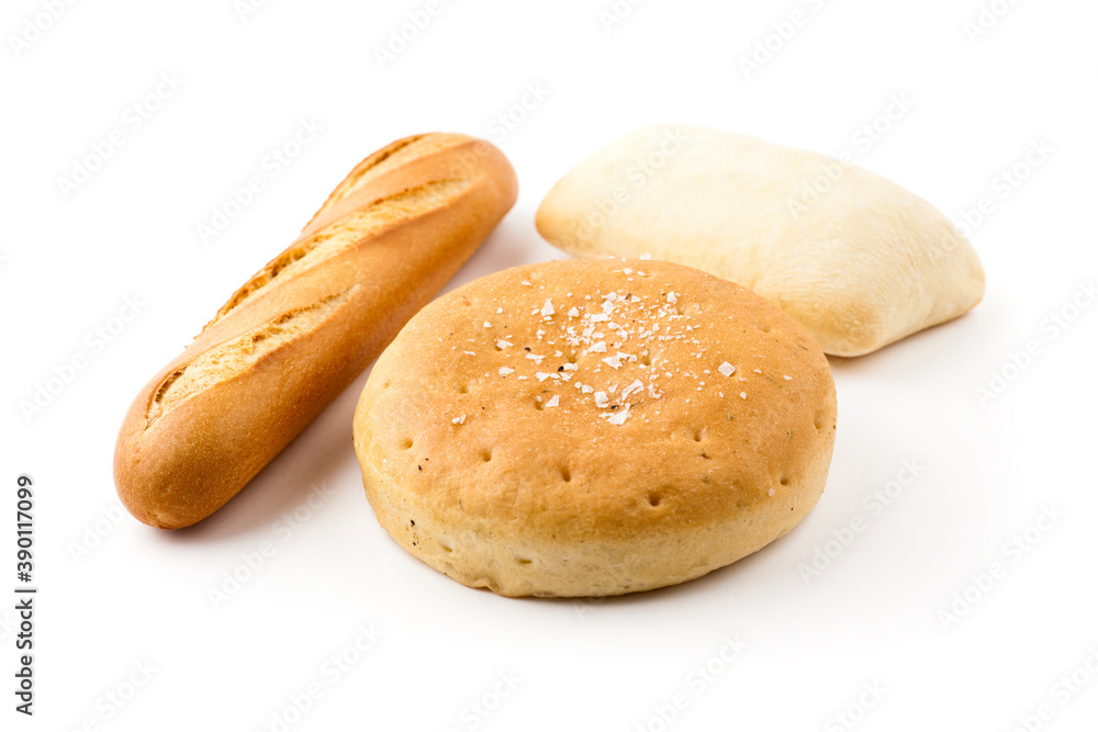 Three different white bread buns isolated on white background. 