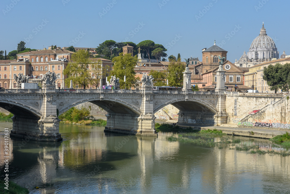 View at river Tevere on the old center of Rome, Italy