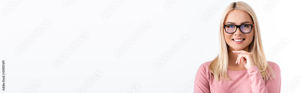 Young woman in eyeglasses looking at camera isolated on white, banner Young woman in eyeglasses looking at camera isolated on white, banner