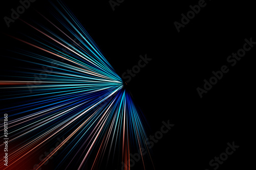 Abstract radial blur zoom surface in blue and pink tones on black background. Abstract blue and black background with radial, radiating, converging lines. The background is divided into two parts.