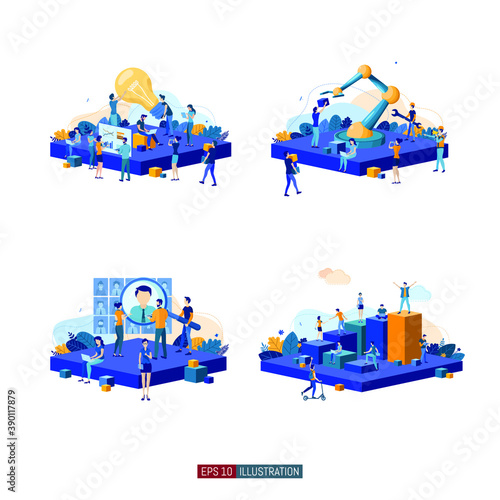 Trendy flat illustration set. Teamwork metaphor concept. Office workers planing business mechanism, analyze business strategy and exchange ideas. Template for your design works. Vector graphics.