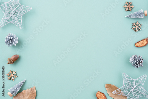 Top view of Christmas holiday background. Composition of festive ornament decor flatlay.