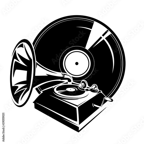 retro style gramophone and vinyl disk record - vintage music equipment and albums black and white vector design