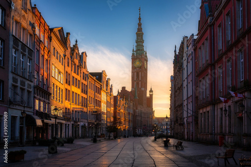 Architecture of the Long Lane in Gdansk with the Town Hall at sunrise, Poland