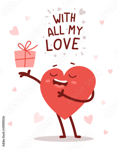 Vector red cute happy heart character giving a present with smile and text on white background. Romantic flat style design Valentine's Day illustration