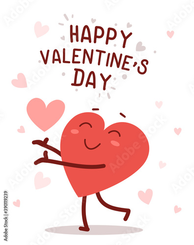 Vector red cute happy heart character shares a heart with smile and text on white background. Romantic flat style design Valentine's Day illustration