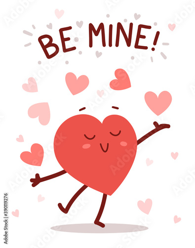 Vector red cute happy heart character juggles hearts with smile and text on white background. Romantic flat style design Valentine's Day illustration