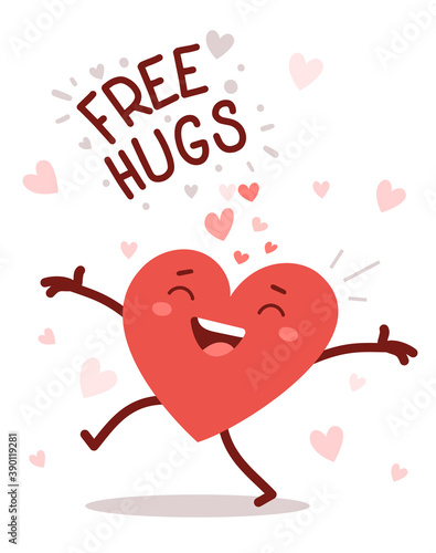 Vector red cute happy heart character with arms spread wide and smile on white background with text. Romantic flat style Valentine's Day illustration