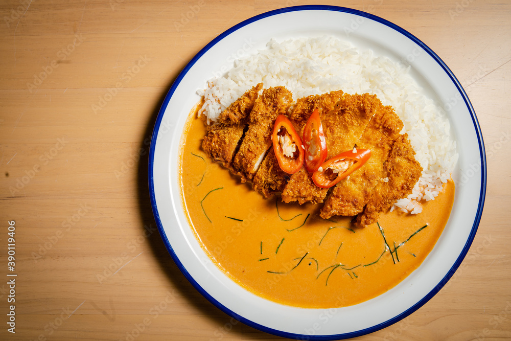 japan fried chicken and curry rice - obrazy, fototapety, plakaty 