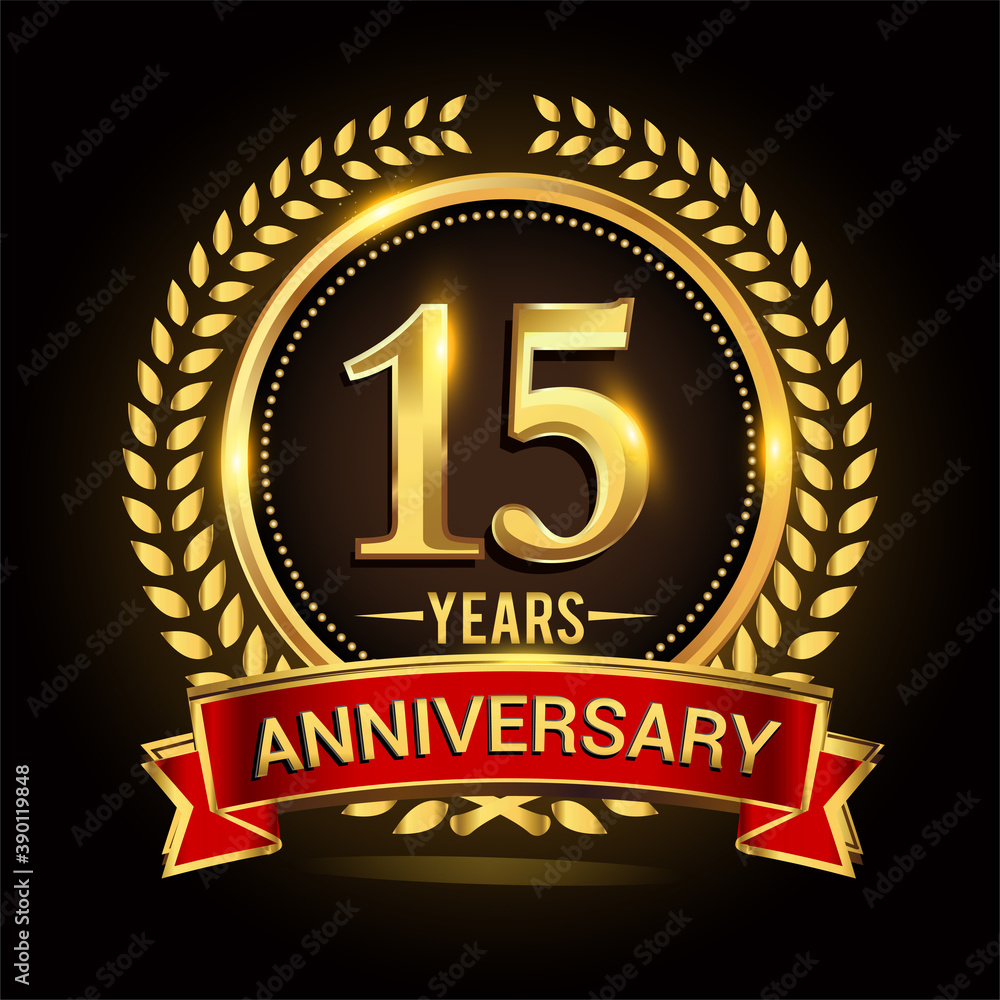 15th golden anniversary logo, with shiny ring and red ribbon, laurel wreath isolated on black background, vector design 15th golden anniversary logo, with shiny ring and red ribbon, laurel wreath isolated on black background, vector design