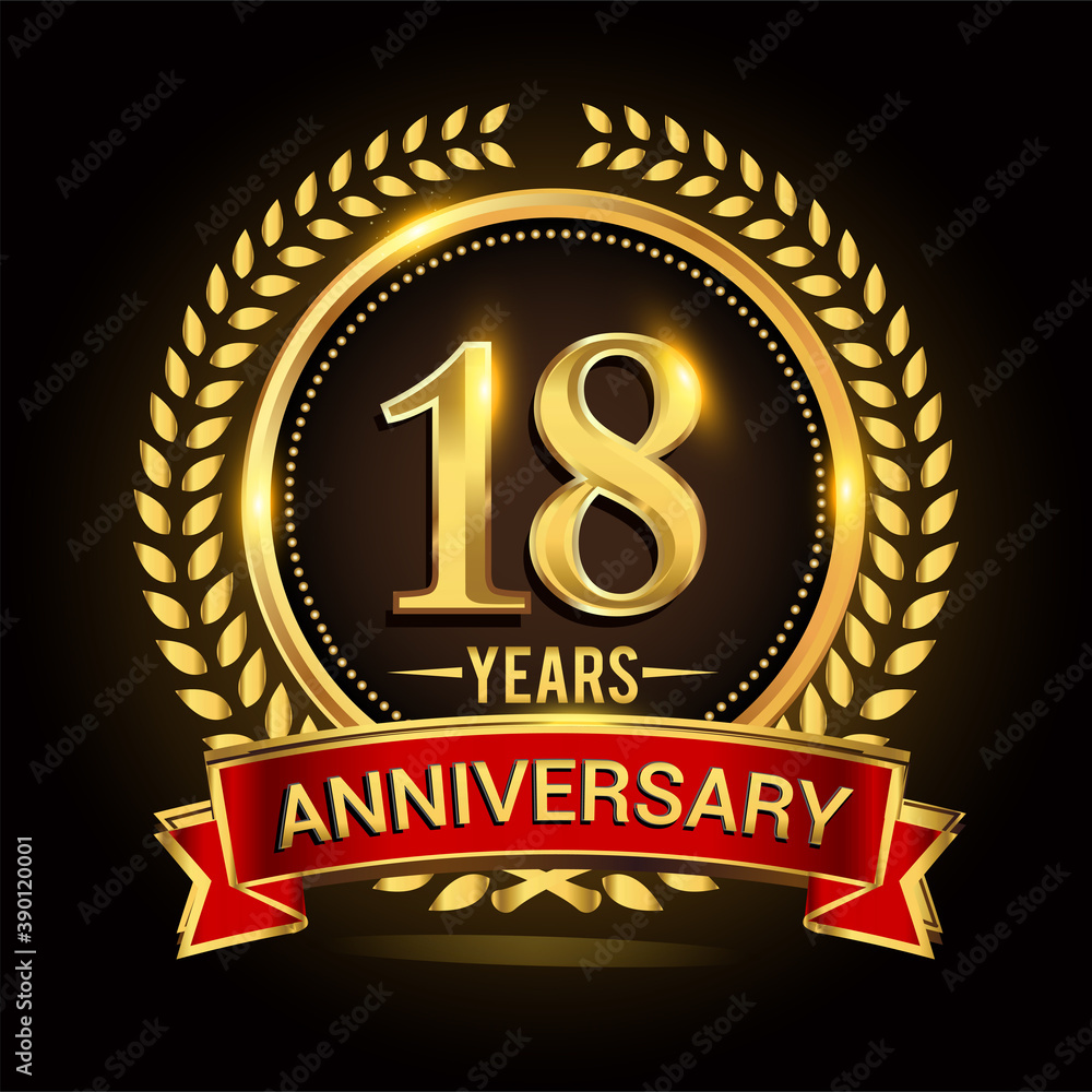 Fototapeta premium 18th golden anniversary logo, with shiny ring and red ribbon, laurel wreath isolated on black background, vector design