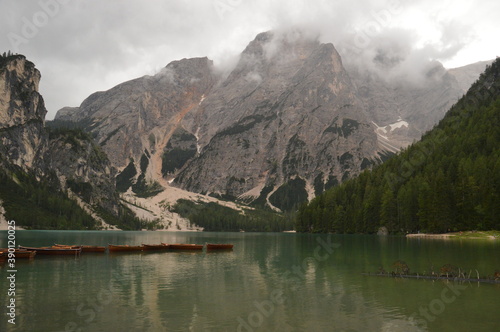 Hiking around the stunningly beautiful Lago di Braies  Pragser Wildsee  lake in the Dolomite Mountains of Northern Italy