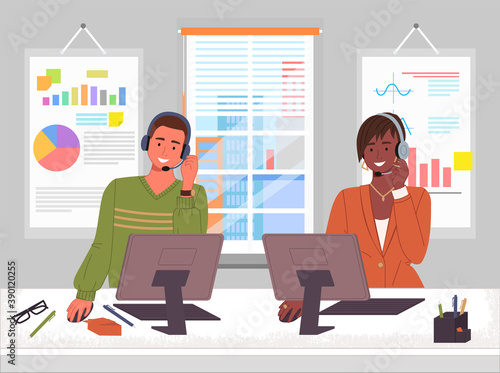 Managers in call center hotline. Online support worker, telephone service operator. Dispatcher, workplace of customer support manager at computer desk. Remote service specialist with headphone