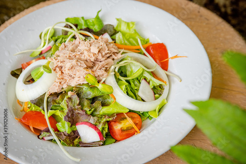 pork salad and vegetable in white dish