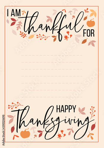 Thanksgiving card, thankful for list, vector