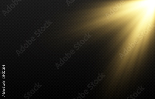 Vector flash of golden light. Shining of the sun  rays of the sun  dawn  sunrise. Lighting on an isolated black background. PNG light.