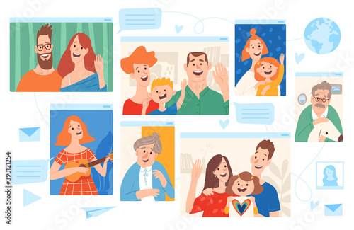 Home isolation stay at home vector illustration with different families