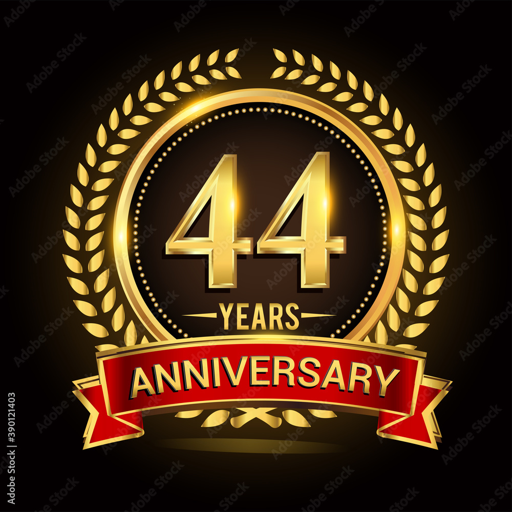 44th golden anniversary logo, with shiny ring and red ribbon, laurel wreath isolated on black background, vector design 44th golden anniversary logo, with shiny ring and red ribbon, laurel wreath isolated on black background, vector design