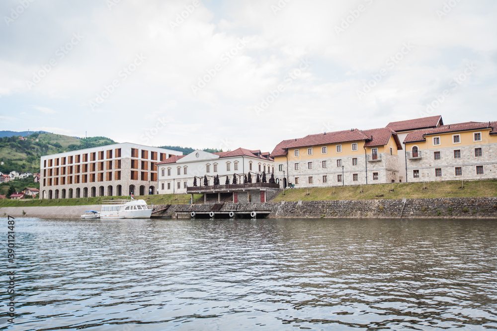 View from river Drina at town dedicated to Ivo Andric, Visegrad, Bosnia and Hercegovina, Travel destionation View from river Drina at town dedicated to Ivo Andric, Visegrad, Bosnia and Hercegovina, Travel destionation
