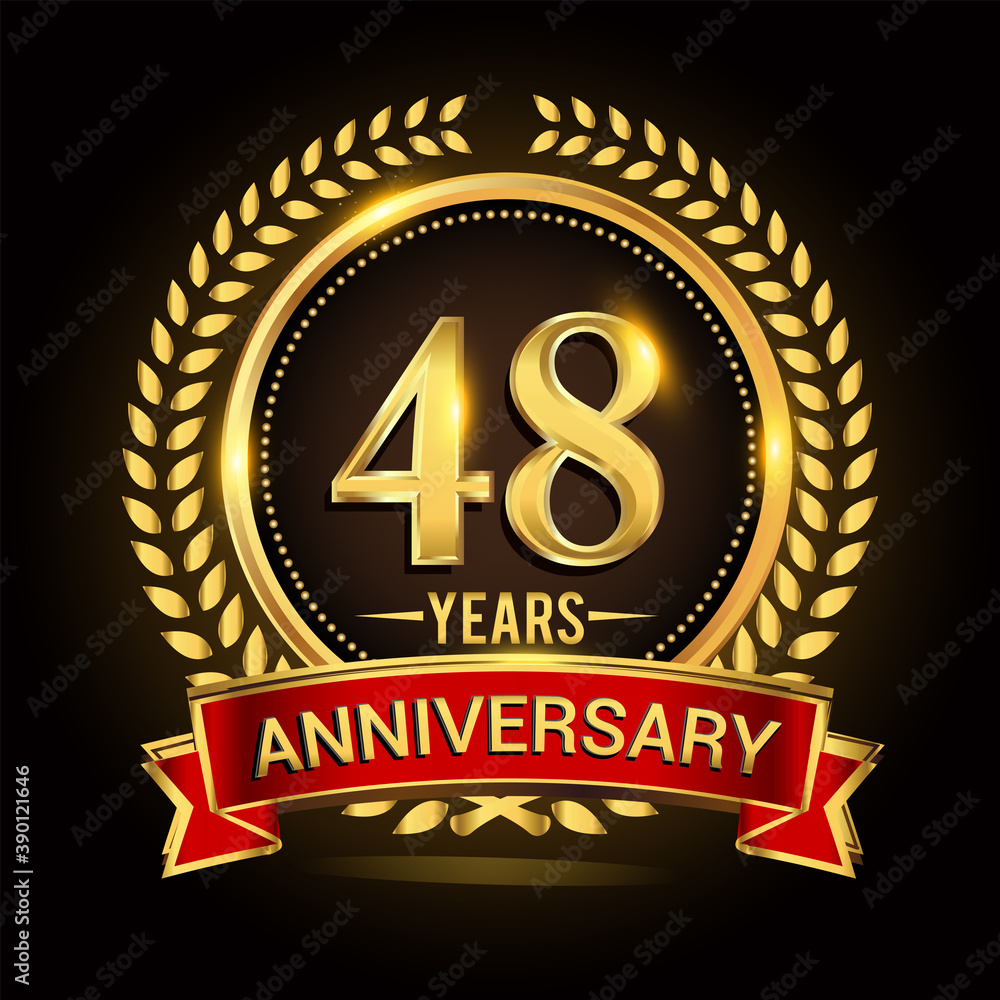 48th golden anniversary logo, with shiny ring and red ribbon, laurel wreath isolated on black background, vector design 48th golden anniversary logo, with shiny ring and red ribbon, laurel wreath isolated on black background, vector design