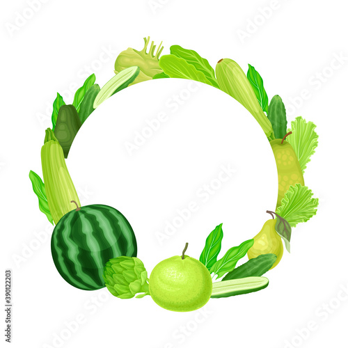 Fototapeta Naklejka Na Ścianę i Meble -  Round Frame of Ripe and Juicy Fruit and Vegetables Vector Illustration