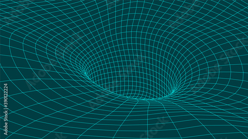 Fototapeta Naklejka Na Ścianę i Meble -  Futuristic blue funnel. Wireframe space travel tunnel. Abstract blue wormhole with surface warp. Vector illustration.