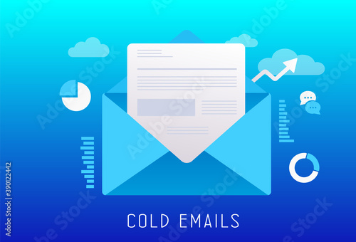 Cold Emails flat vector illustration. Unsolicited unwanted e-mail that is sent to a receiver without prior contact. Cold emailing is a subset of outbound digital email marketing