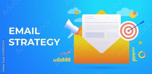 Email marketing campaign, digital advertising, email newsletter, drip email marketing, online strategy and promotion. Mail envelope with open letter. Vector illustration horizontal banner with icons