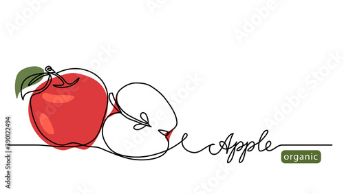 Red apple vector illustration. One continuous line drawing art illustration with lettering organic apple.