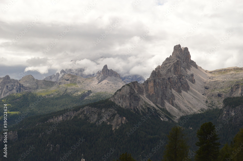 Fototapeta premium Hiking and climbing on the Via Ferrata trails around Cortina in the Dolomite Mountains of Northern Italy