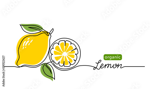 Lemon vector illustration. One continuous line drawing art illustration with lettering organic lemon.