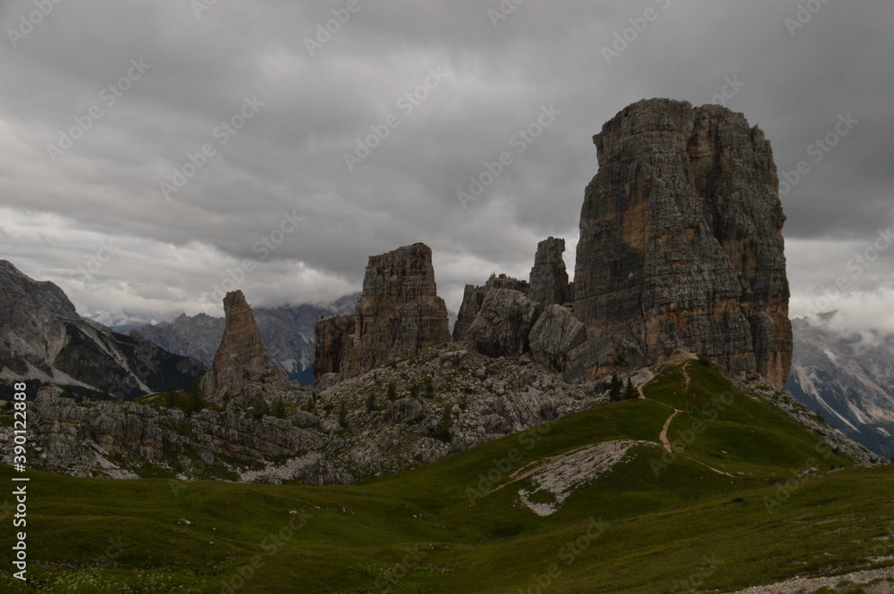 Obraz premium Hiking and climbing on the Via Ferrata trails around Cortina in the Dolomite Mountains of Northern Italy