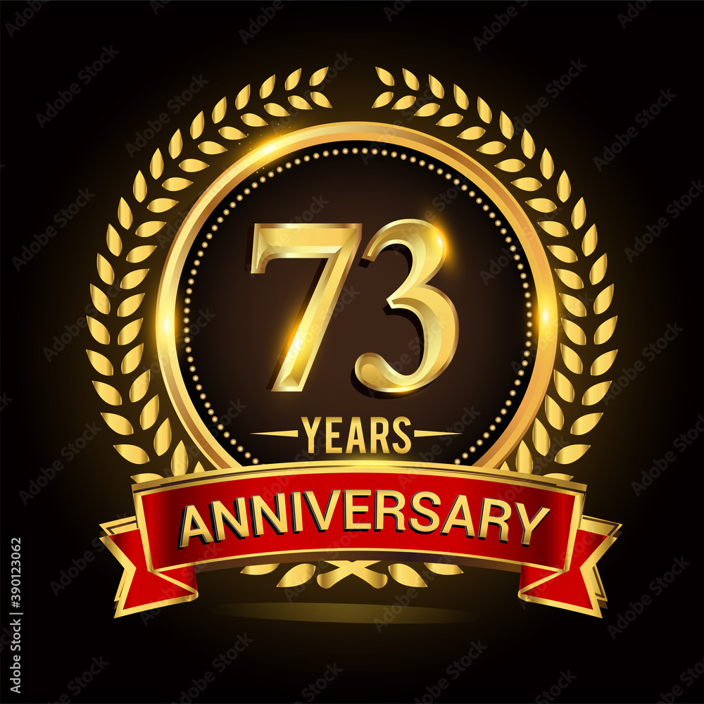 73rd golden anniversary logo, with shiny ring and red ribbon, laurel wreath isolated on black background, vector design 73rd golden anniversary logo, with shiny ring and red ribbon, laurel wreath isolated on black background, vector design