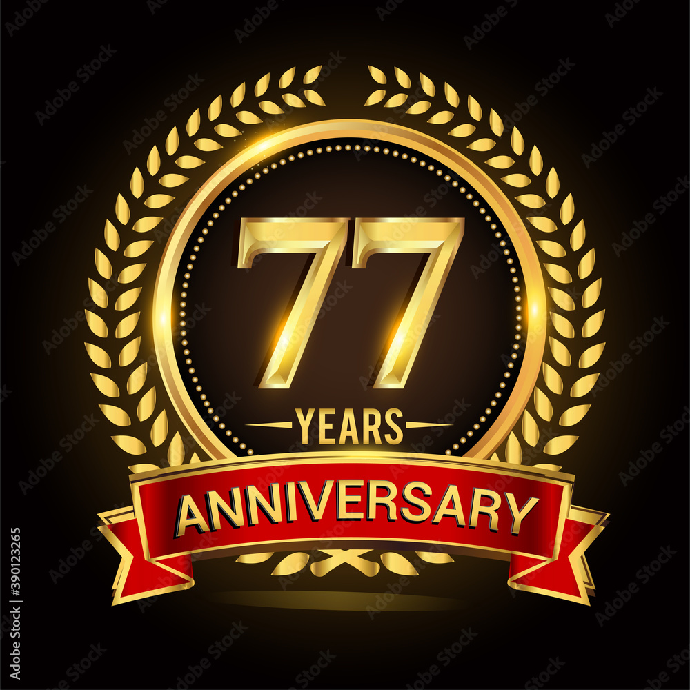 77th golden anniversary logo, with shiny ring and red ribbon, laurel wreath isolated on black background, vector design 77th golden anniversary logo, with shiny ring and red ribbon, laurel wreath isolated on black background, vector design