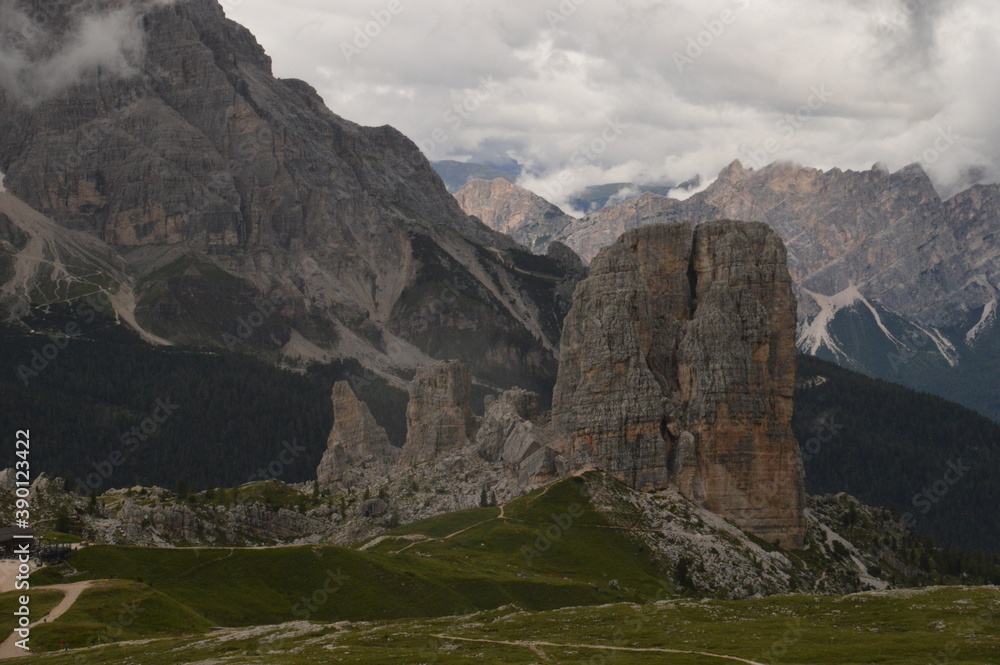 Obraz premium Hiking and climbing on the Via Ferrata trails around Cortina in the Dolomite Mountains of Northern Italy