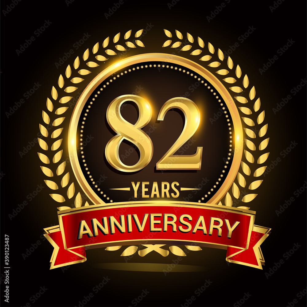 82nd golden anniversary logo, with shiny ring and red ribbon, laurel wreath isolated on black background, vector design 82nd golden anniversary logo, with shiny ring and red ribbon, laurel wreath isolated on black background, vector design