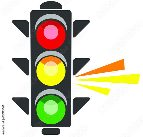 Traffic light, vector illustration on white blackground. Corona traffic light with a yellow signal 