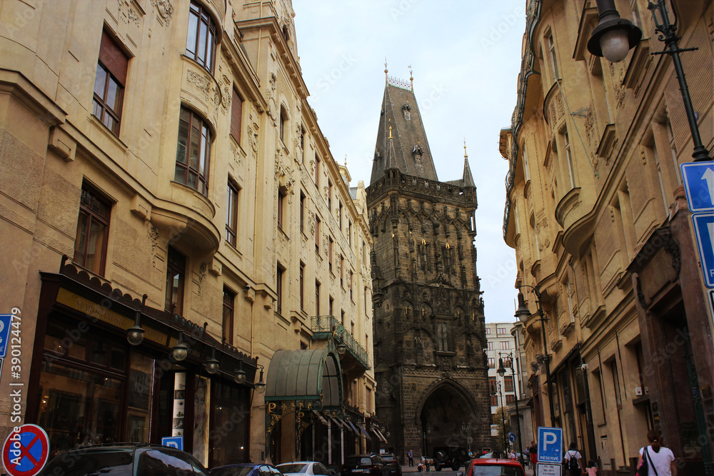 Powder Tower, a gothic tower in the center of Prague,  Czech Republic.