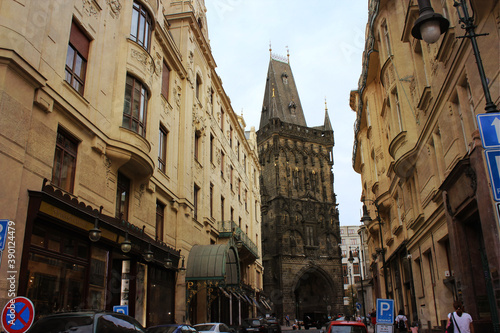 Powder Tower, a gothic tower in the center of Prague, Czech Republic.