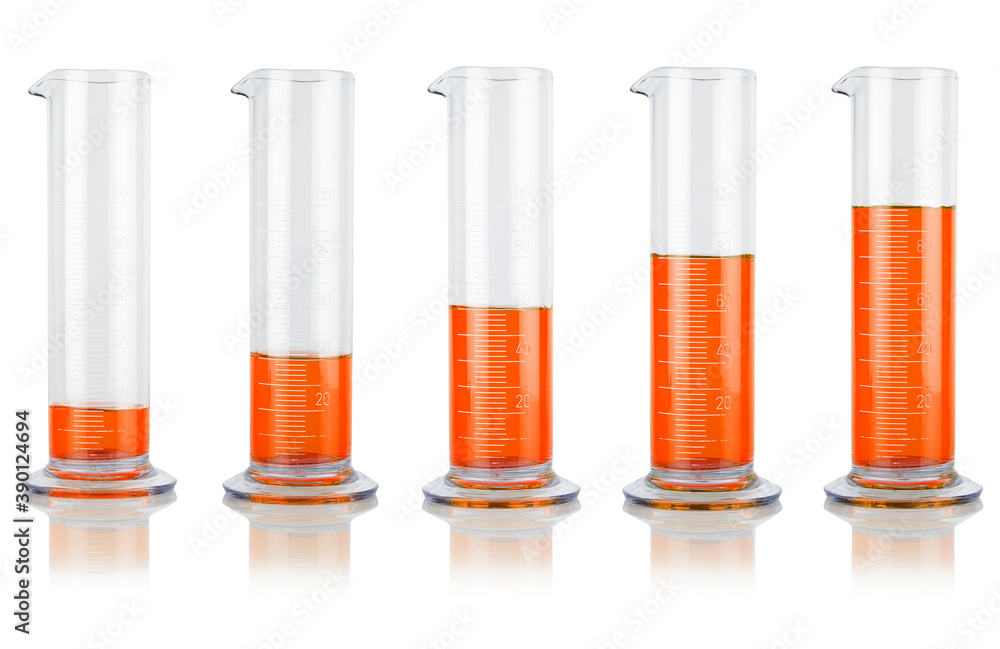 Five glass beakers filled with red liquid. Laboratory concept. Five glass beakers filled with red liquid. Laboratory concept.