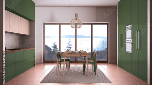 Cosy dove green and wooden kitchen with dining table and chairs, carpet and pendant lamp, panoramic windows, sea ocean panorama, terracotta tile floors, contemporary interior design