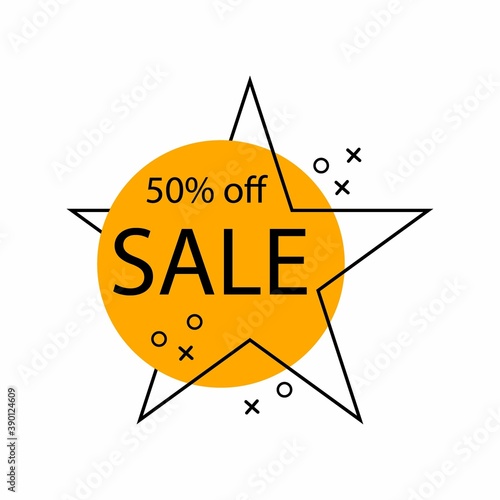 Sale label. Promotional discount sticker, price tag, website banner in yellow colors, trendy flat geometric bubbles, discount product round emblem, marketing coupon, vector retro poster template