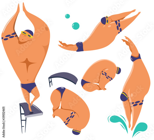 Set of athlete jumping into the water from a springboard